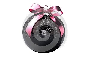 black pink Christmas ball with ribbon and a bow on white background. Generative AI