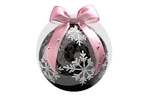 black pink Christmas ball with ribbon and a bow on white background. Generative AI