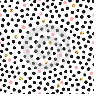 Black, pink and gold hand drawn doodle vector big dots pattern.