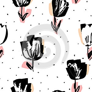Black and Pink Peony Drawing Vector Seamless