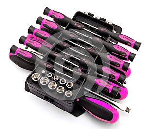 Black and pink screwdriver set in organizer box isolated