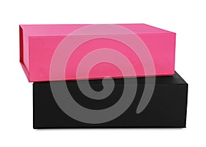 Black and pink shoe boxes on white background