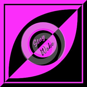 A black and pink square logo design to symbolize the concept of being woke to the injustices and prejudices in the world