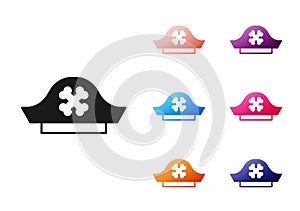 Black Pirate hat icon isolated on white background. Set icons colorful. Vector