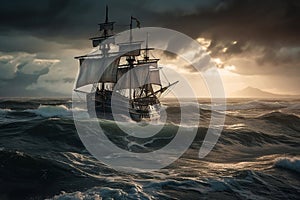 The Black Pirate Ship sailing on a stormy sea, representing adventure, danger and excitement on the high seas. Ai generated