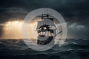 The Black Pirate Ship sailing on a stormy sea, representing adventure, danger and excitement on the high seas. Ai generated