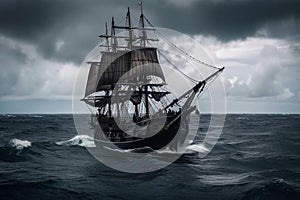 The Black Pirate Ship sailing on a stormy sea, representing adventure, danger and excitement on the high seas. Ai generated