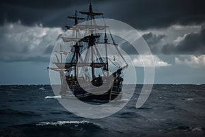 The Black Pirate Ship sailing on a stormy sea, representing adventure, danger and excitement on the high seas. Ai generated