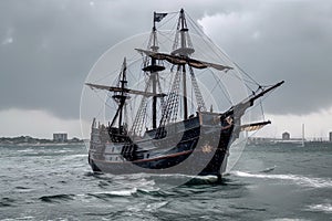 The Black Pirate Ship sailing on a stormy sea, representing adventure, danger and excitement on the high seas. Ai generated