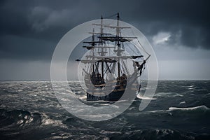 The Black Pirate Ship sailing on a stormy sea, representing adventure, danger and excitement on the high seas. Ai generated