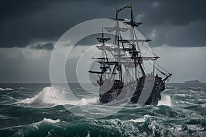 The Black Pirate Ship sailing on a stormy sea, representing adventure, danger and excitement on the high seas. Ai generated