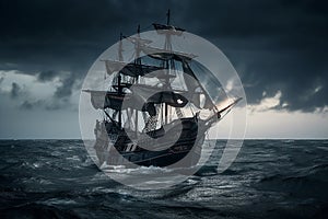 The Black Pirate Ship sailing on a stormy sea, representing adventure, danger and excitement on the high seas. Ai generated