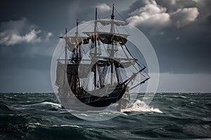 The Black Pirate Ship sailing on a stormy sea, representing adventure, danger and excitement on the high seas. Ai generated