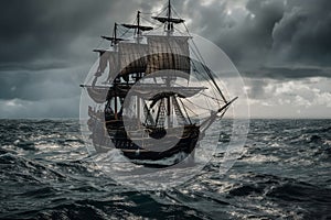 The Black Pirate Ship sailing on a stormy sea, representing adventure, danger and excitement on the high seas. Ai generated