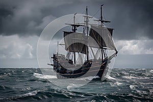 The Black Pirate Ship sailing on a stormy sea, representing adventure, danger and excitement on the high seas. Ai generated