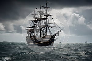 The Black Pirate Ship sailing on a stormy sea, representing adventure, danger and excitement on the high seas. Ai generated