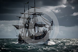 The Black Pirate Ship sailing on a stormy sea, representing adventure, danger and excitement on the high seas. Ai generated