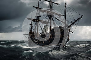 The Black Pirate Ship sailing on a stormy sea, representing adventure, danger and excitement on the high seas. Ai generated