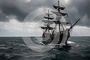 The Black Pirate Ship sailing on a stormy sea, representing adventure, danger and excitement on the high seas. Ai generated