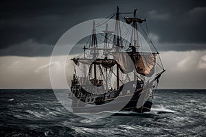 The Black Pirate Ship sailing on a stormy sea, representing adventure, danger and excitement on the high seas. Ai generated