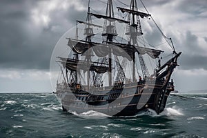 The Black Pirate Ship sailing on a stormy sea, representing adventure, danger and excitement on the high seas. Ai generated