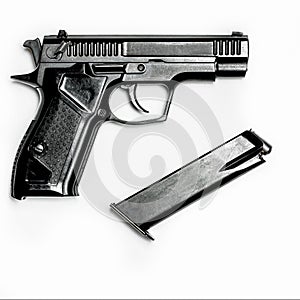 A black pistol with a magazine for cartridges lies on a white background