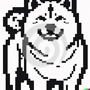 Black pixel drawing of a smiling Shiba Inu dog on white background