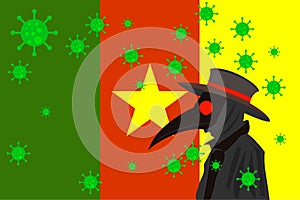Black plague doctor surrounded by viruses with copy space with CAMERUN flag photo