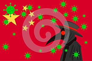Black plague doctor surrounded by viruses with copy space with CHINA flag photo
