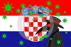 Black plague doctor surrounded by viruses with copy space with CROACIA flag photo