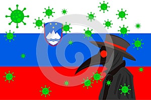 Black plague doctor surrounded by viruses with copy space with ESLOVENIA flag photo