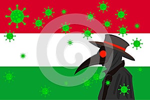 Black plague doctor surrounded by viruses with copy space with HUNGARY flag photo