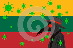 Black plague doctor surrounded by viruses with copy space with LITUANIA flag photo