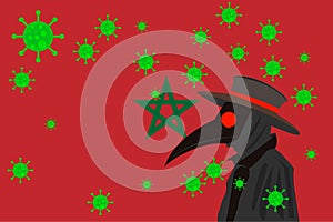 Black plague doctor surrounded by viruses with copy space with MARRUECOS flag