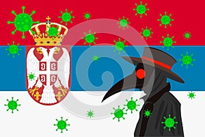 Black plague doctor surrounded by viruses with copy space with SERBIA flag photo