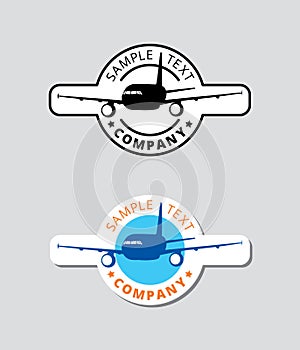 Black plane logo blue circle border, silhouette airplane icon sphere print with orange text, aircraft cyan sign stamp