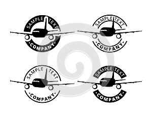 Black plane logo circle border, silhouette airplane icon sphere print, aircraft sign stamp in cycle label