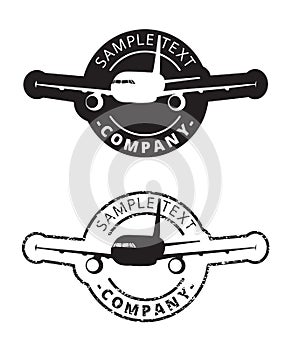 Black plane logo circle border, silhouette airplane icon sphere print, aircraft sign stamp in cycle label, fly travel sticker