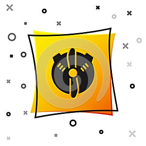 Black Plane propeller icon isolated on white background. Vintage aircraft propeller. Yellow square button. Vector