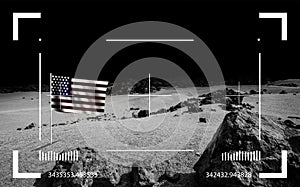 Black planet landscape through viewfinder of Moon rover. Cosmic scene with desert, stone, sand and USA flag