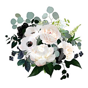 Black plants and creamy flowers glamour vector design bouquet