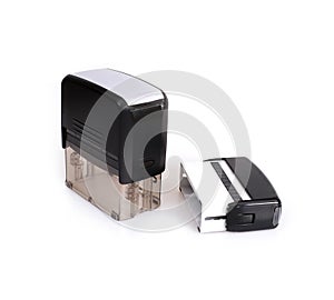 Black plastic automatic stamp for documents isolated on white background