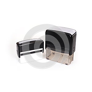 Black plastic automatic stamps for documents isolated on white background