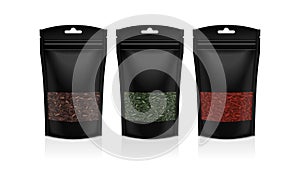 Black Plastic bag with windows. Black, green, red tea. Packaging template mockup collection