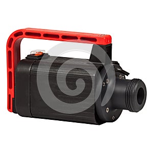 Black plastic barrel chemical pump with red handle isolated on white background