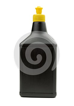 Black plastic bottle with detergent for washing dishes