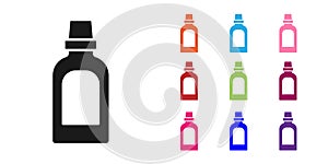 Black Plastic bottle for laundry detergent, bleach, dishwashing liquid or another cleaning agent icon isolated on white