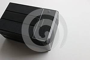 Black plastic box mockup on white surface stock photo