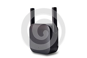 Black plastic box of wireless wi-fi signal range extender on white background