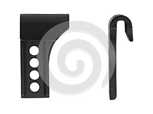 Black plastic bracket with four holes on white background